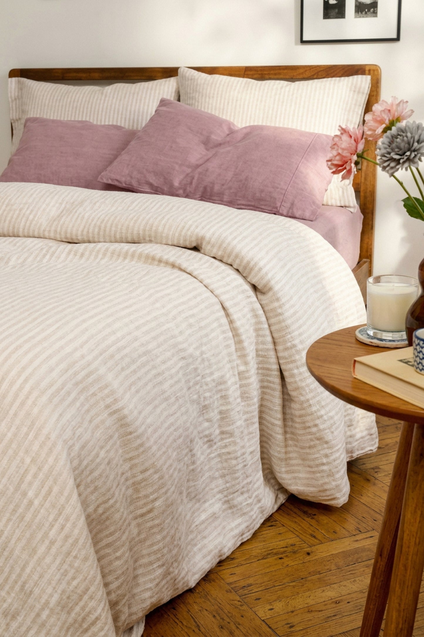 Linen bedding set in Beige Striped