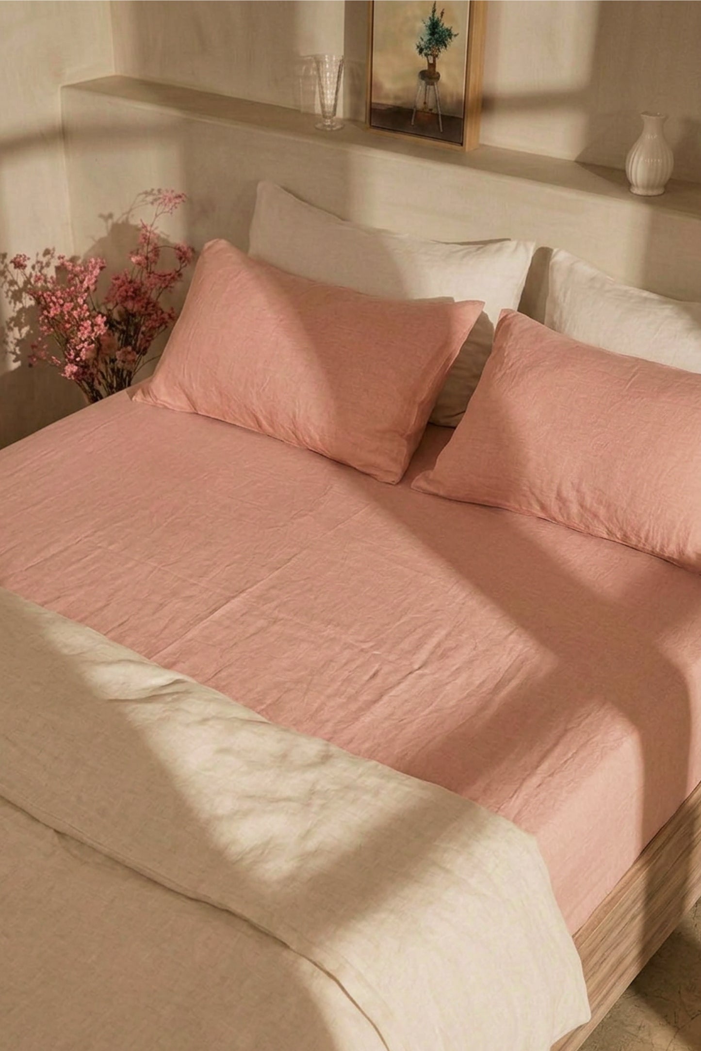 Linen flat sheet in Coral Pink
