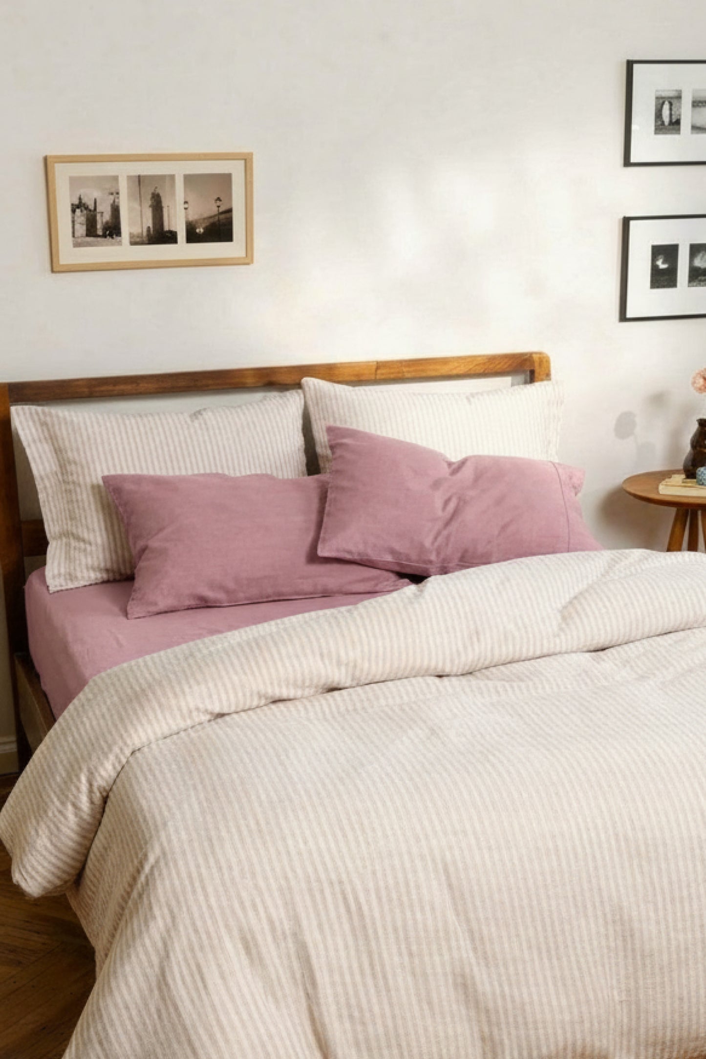 Linen bedding set in Beige Striped