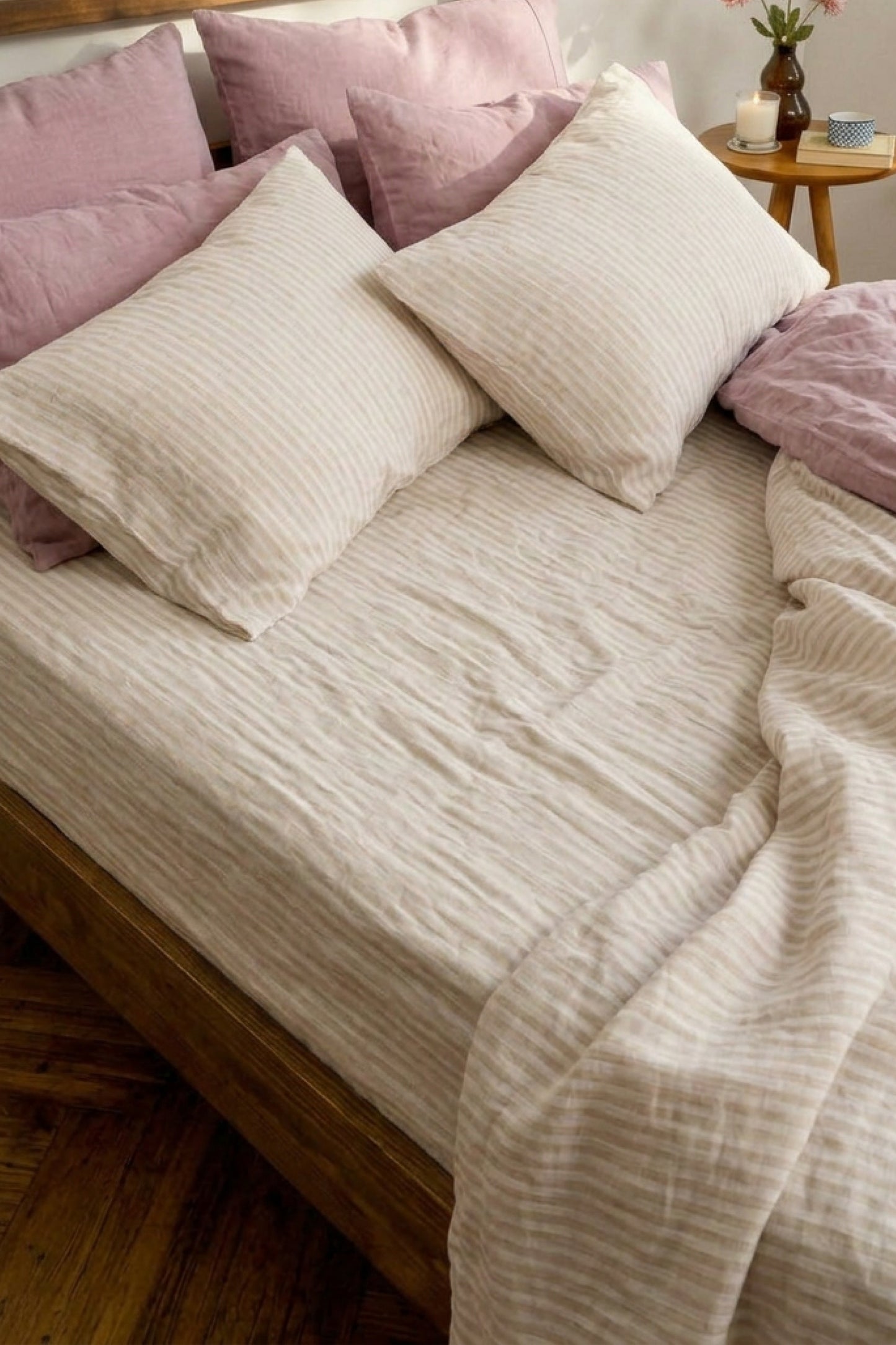 Linen flat sheet in Beige Striped