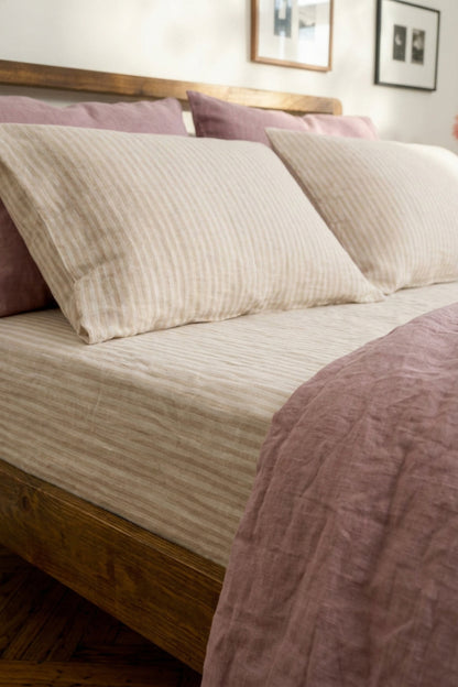 Linen flat sheet in Beige Striped