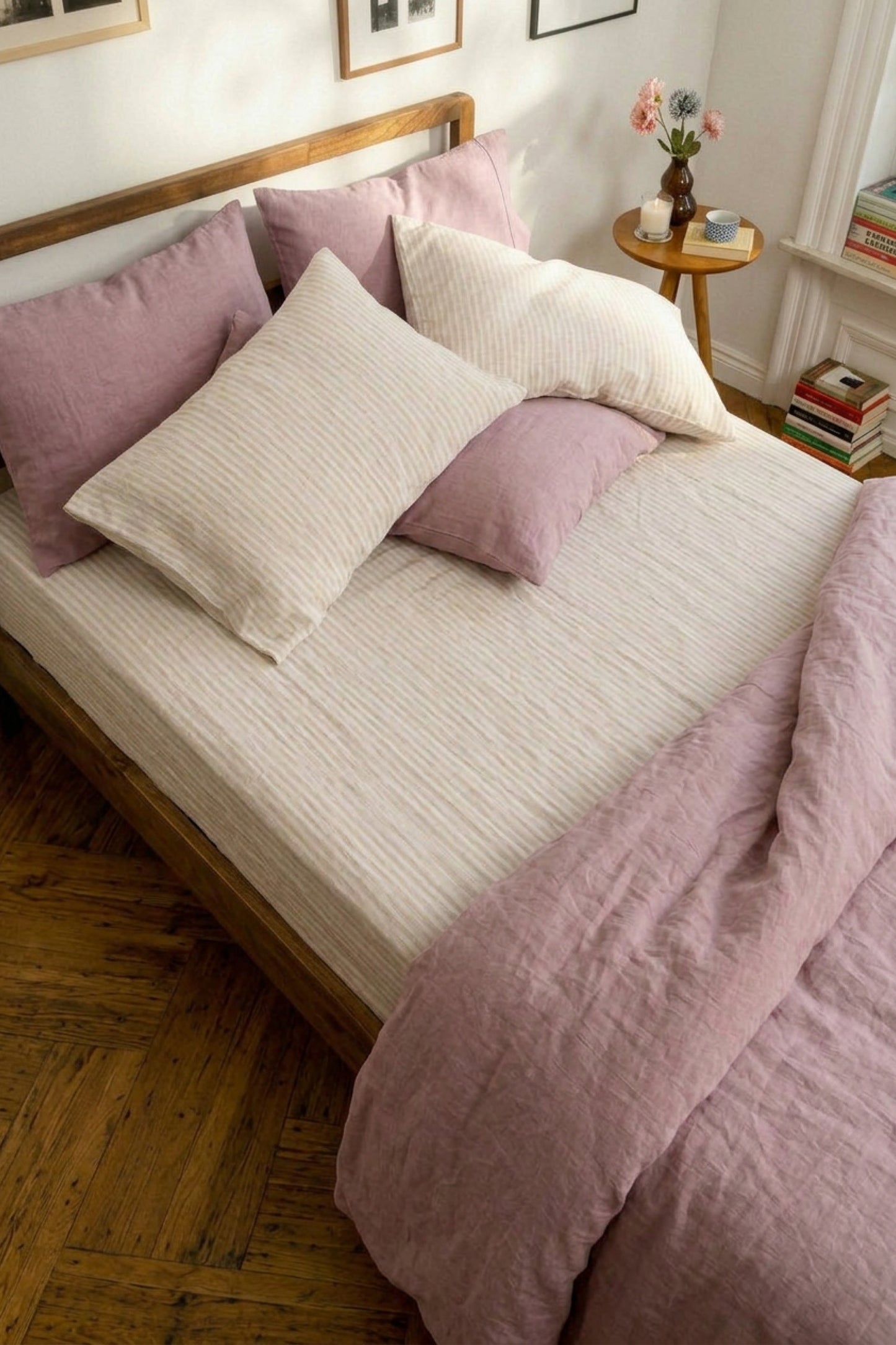 Linen flat sheet in Beige Striped