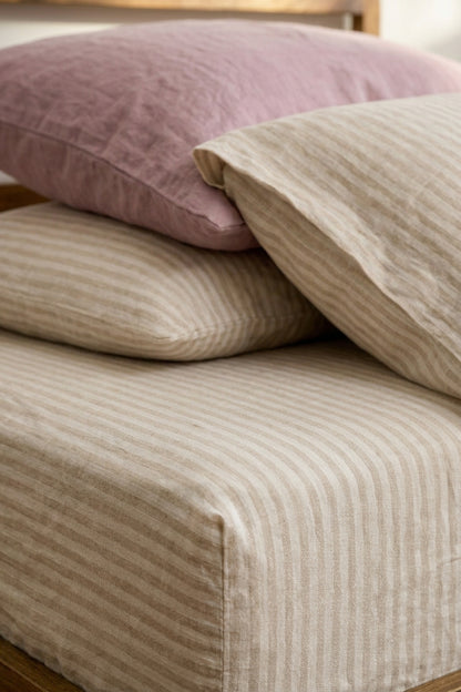 Linen flat sheet in Beige Striped
