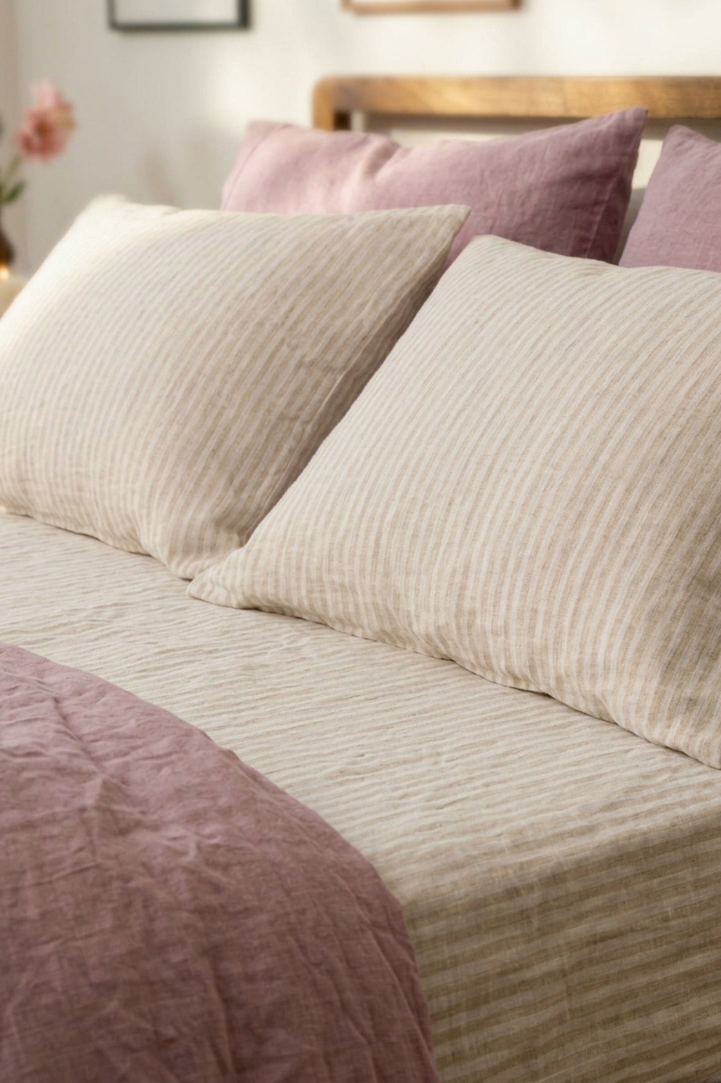 Linen flat sheet in Beige Striped