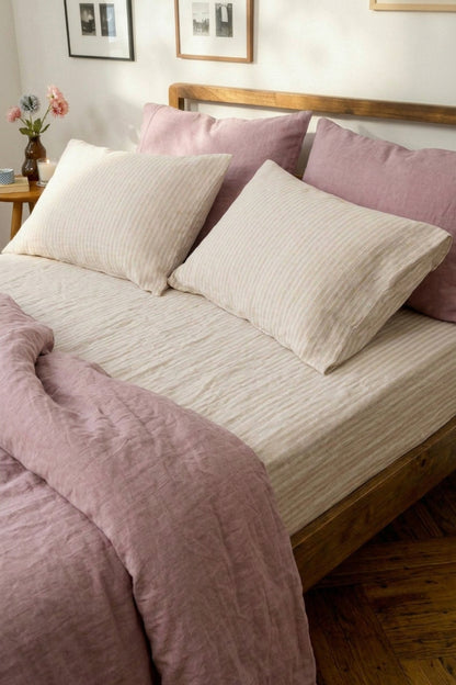 Linen fitted sheet in Beige Striped