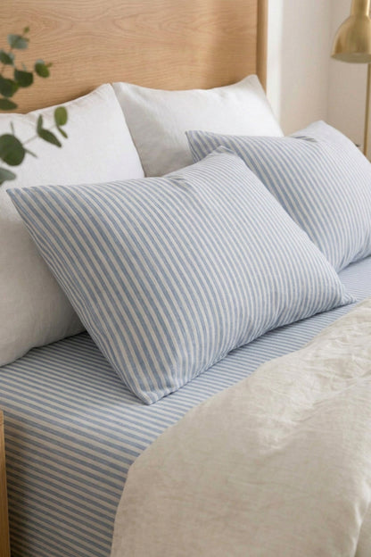 Linen flat sheet in Blue Striped