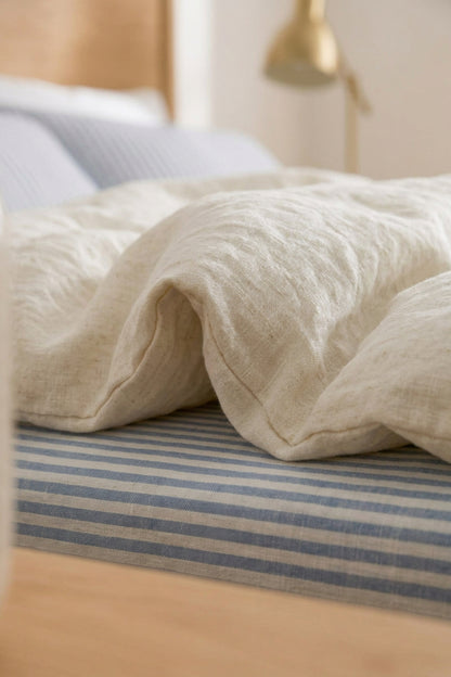 Linen fitted sheet in Blue Striped