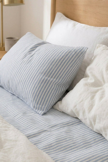 Linen flat sheet in Blue Striped