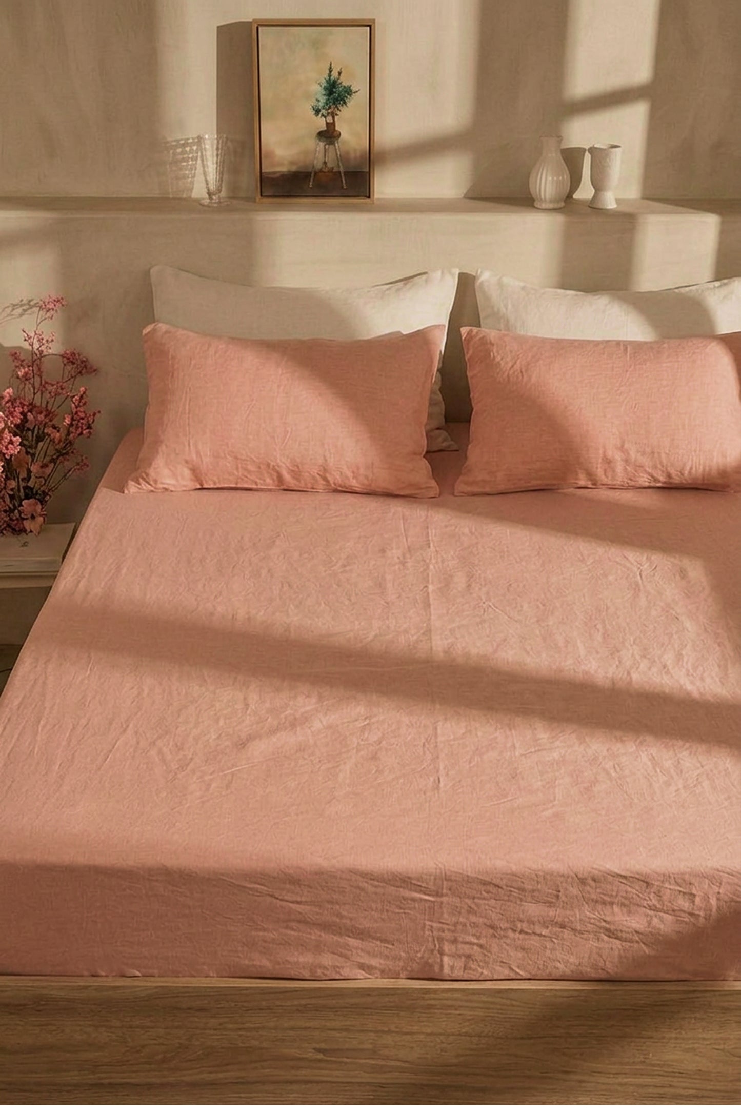 Linen flat sheet in Coral Pink