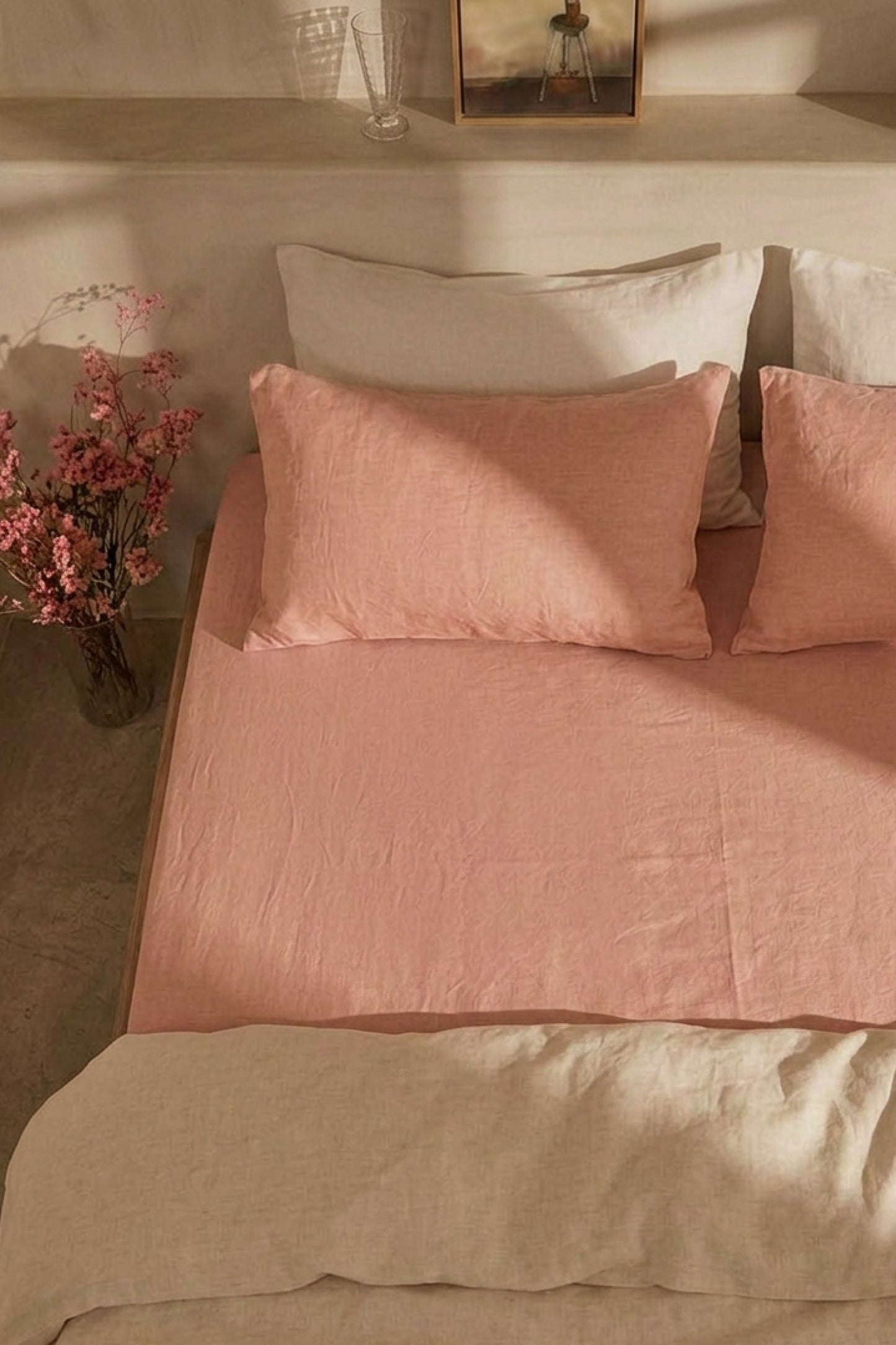 Linen flat sheet in Coral Pink