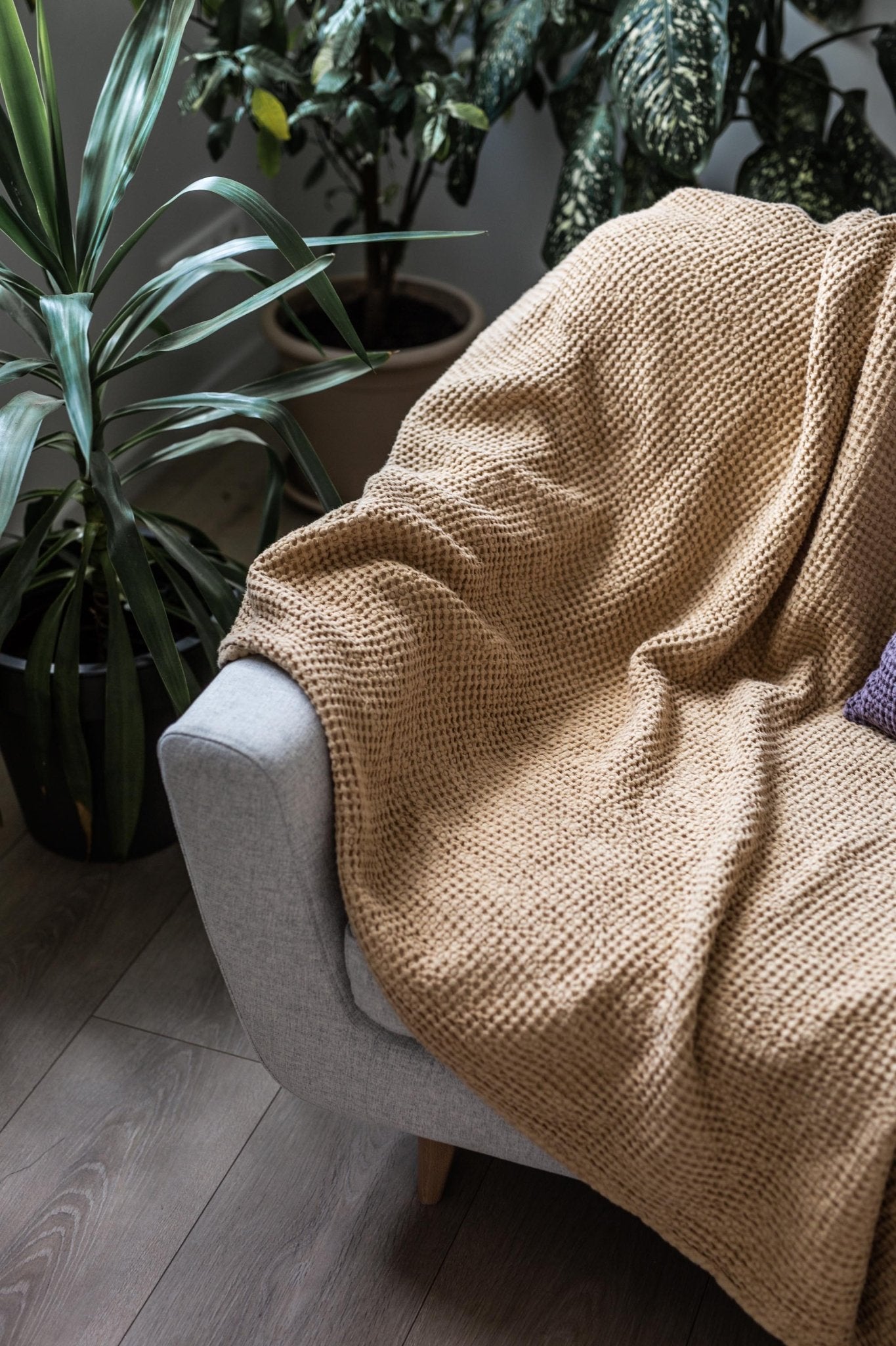 Linen waffle blanket in Mustard - Her Linen